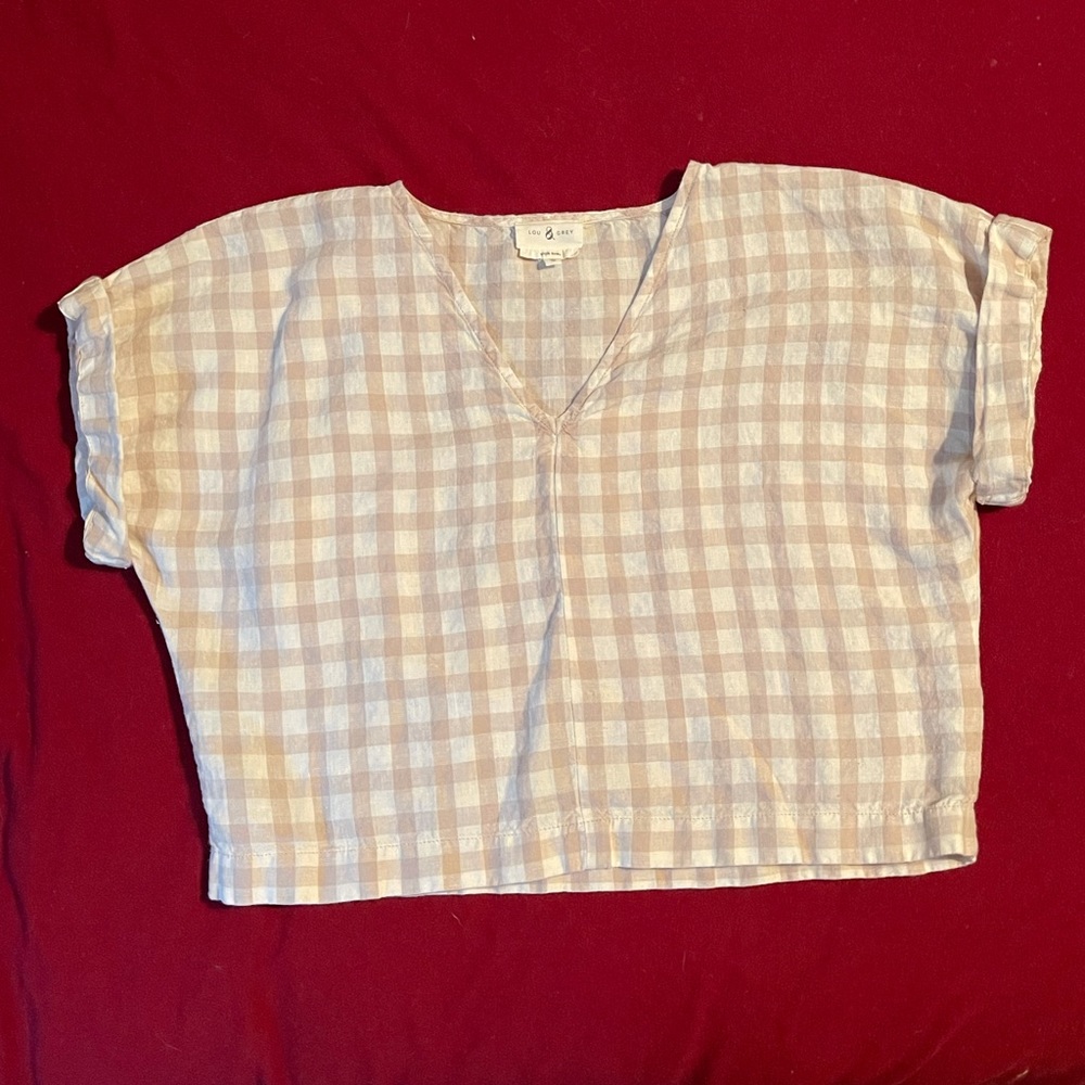 Lou & Grey cropped beige gingham linen top